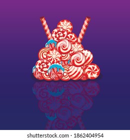 Mountain from New Year candy. Sweet illustration. Vector cartoon lollipop