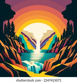 Mountain next to river with waterfall art. Nature view in psychedelic art vector illustration. Colorful background. Vector eps 10. 