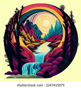 Mountain next to river with waterfall art. Nature view in psychedelic art vector illustration. Colorful background. Vector eps 10. 