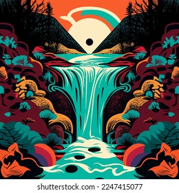 Mountain next to river with waterfall art. Nature view in psychedelic art vector illustration. Colorful background. Vector eps 10. 