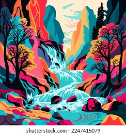 Montaña al lado del río con arte de cascada. Vista de la naturaleza en ilustración de vector de arte psicodélico. Fondo colorido. Vector eps 10. 