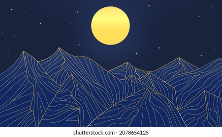 Mountain in night. Abstract and minimalistic images. Luxurious pictures. Nature fresh air beautiful hills peaks. Panorama, terrain. Poster or banner. Cartoon flat vector illustration