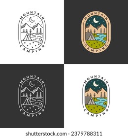 Mountain and night camp badge monoline or line art style vector illustration