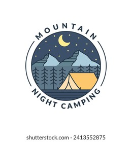 mountain night camping illustration monoline or line art style, design can be for t shirts, sticker, printing needs