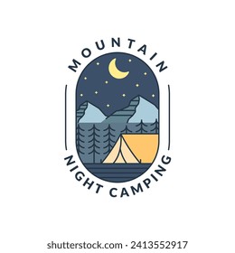 mountain night camping illustration monoline or line art style, design can be for t shirts, sticker, printing needs