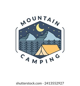 mountain night camping illustration monoline or line art style, design can be for t shirts, sticker, printing needs