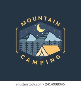 mountain night camping illustration monoline or line art style, design can be for t shirts, sticker, printing needs