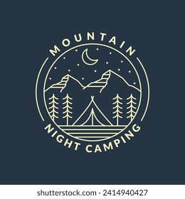 mountain night camping illustration monoline or line art style, design can be for t shirts, sticker, printing needs