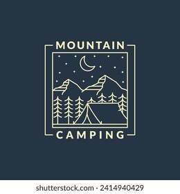 mountain night camping illustration monoline or line art style, design can be for t shirts, sticker, printing needs