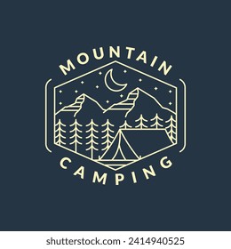 mountain night camping illustration monoline or line art style, design can be for t shirts, sticker, printing needs