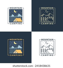 mountain night camping illustration monoline or line art style, design can be for t shirts, sticker, printing needs