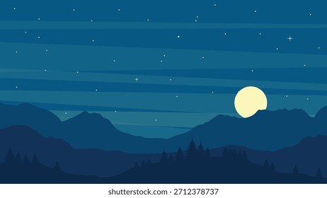 Noche de montaña. Paisaje de la naturaleza de la noche de dibujos animados de luna llena que brilla en el cielo con estrellas. Ilustración vectorial.