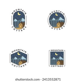 Mountain night and cottage badge vector illustration with monoline or line art style, design can be for t shirts, sticker, printing needs