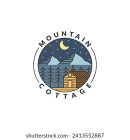 Mountain night and cottage badge vector illustration with monoline or line art style, design can be for t shirts, sticker, printing needs