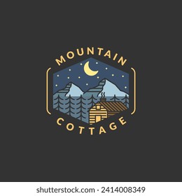 Mountain night and cottage badge vector illustration with monoline or line art style, design can be for t shirts, sticker, printing needs