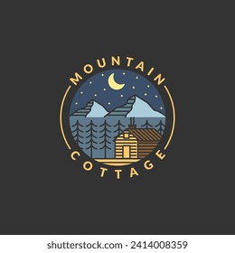 Ilustración vectorial de la insignia de montaña y de la marca de cabaña con estilo de arte monolíneo o de línea, el diseño puede ser para camisetas, pegatinas, necesidades de impresión