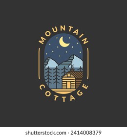 Mountain night and cottage badge vector illustration with monoline or line art style, design can be for t shirts, sticker, printing needs