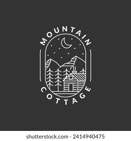 Mountain night and cottage badge vector illustration with monoline or line art style, design can be for t shirts, sticker, printing needs