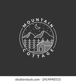 Mountain night and cottage badge vector illustration with monoline or line art style, design can be for t shirts, sticker, printing needs