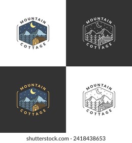 Mountain night and cottage badge vector illustration with monoline or line art style, design can be for t shirts, sticker, printing needs