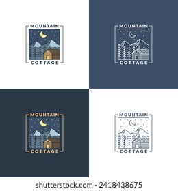 Mountain night and cottage badge vector illustration with monoline or line art style, design can be for t shirts, sticker, printing needs