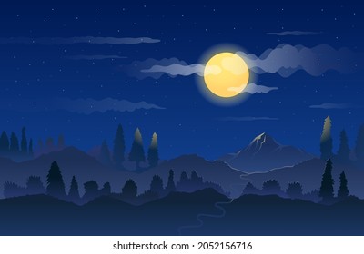 Berg bei Nacht mit Vollmond-Hintergrund, Naturlandschaft und Aussicht auf die Umwelt