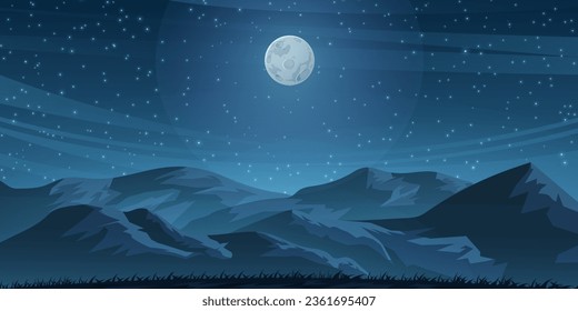 Mountain at night with a full moon vector illustration