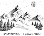 Mountain night graphic black white landscape sketch illustration vector