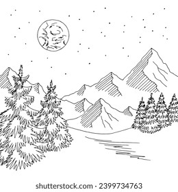 Mountain night graphic black white landscape sketch illustration vector 