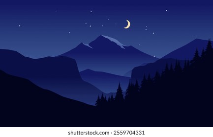 Mountain at night illustration with moon and stars