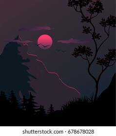 Mountain night landscape, evening in the mountains, sunset in nature. landscape