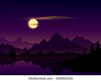 mountain night landscape with full moon