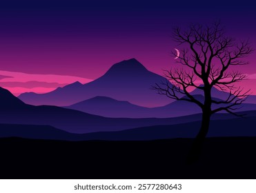 Mountain night landscape illustration with tree silhouette