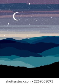 Mountain night landscape with moon and starry sky.