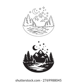 Mountain Night Landscape Silhouette with River Tree Moon and Stars