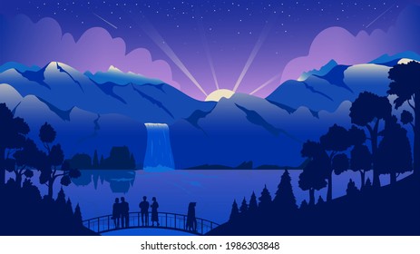 Mountain night landscape, travel adventure vector illustration. Cartoon tourist people stand on bridge, enjoy waterfall, calm water of lake and mountains on horizon, forest tree silhouettes background