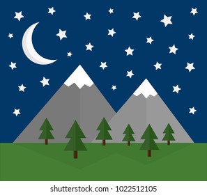 Mountain night landscape vector illustration flat design. Snow covered mountains with forest and grass, night sky with moon and stars.