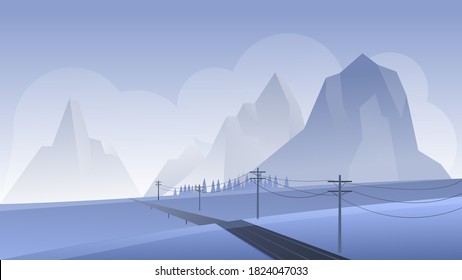 Mountain Night Landschaft Vektorgrafik. Cartoon-Wohnung nächtliche Panoramasicht Bergkulisse mit leerer Asphaltstraße, führt zu Felsbergen, nebiger Naturhintergrund