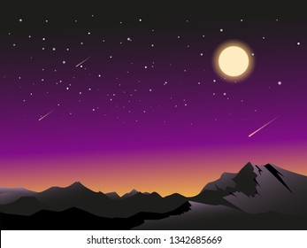 mountain in night with moon and stars vector illustration