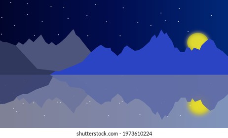 The mountain in the night with refelective of moon