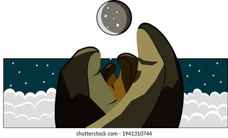 mountain in the night sky with moon and stars