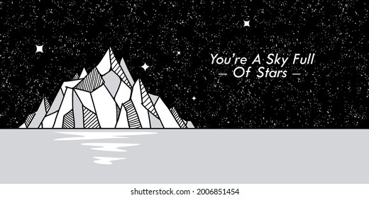 mountain night sky with stars. iceberg and sea abstract Illustration art vector with quote 