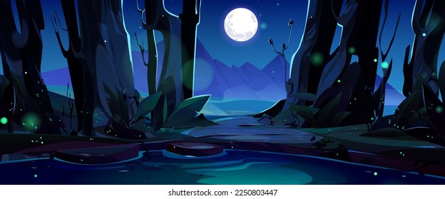 Mountain night valley scene with lake under full moon, glowworm. Nature panorama, dark landscape with river, meadow with grass glade and peaks, hills and rocks on horizon, vector cartoon illustration