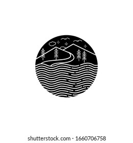 mountain night view circle badge mono line vector logo design