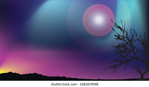 Mountain night view with a tree. Galaxy effect with moon light. A beautiful background.