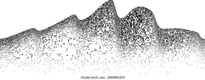 Mountain noise silhouettes . Sand texture. Gritty, grain effect . Grunge hill peaks.  Distressed brush strokes. Mountain landscape . Speckled design element . Graffiti logo   .Vector