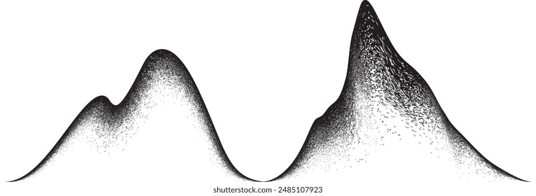 Textura de ruido de montaña . Siluetas . Textura de arena. Arenoso, efecto grano. Picos de Grunge Hill. Trazos de pincel estresados. Paisaje de montaña . Elemento de diseño moteado . Graffiti logo .Vector