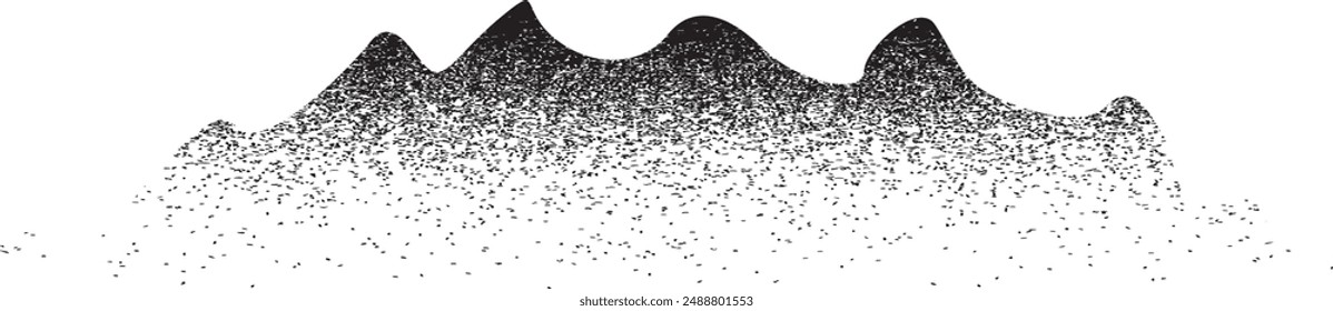 Mountain noise texture . Silhouettes . Sand texture. Gritty, grain effect . Grunge hill peaks. Distressed brush strokes. Mountain landscape . Speckled design element . Graffiti logo .Vector