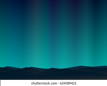 Mountain Northern Landscape Night With Aurora Stars Sky Background.