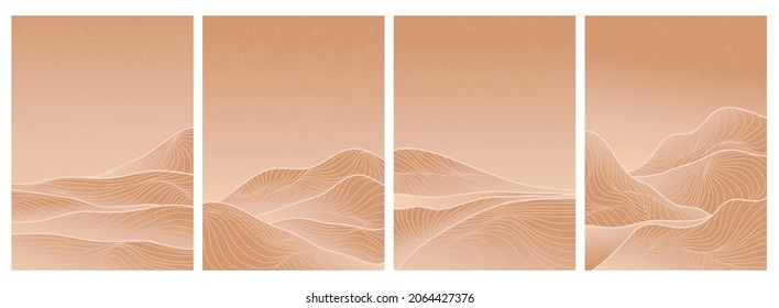 Mountain and ocean background with line art wave pattern on set. Abstract contemporary aesthetic backgrounds landscapes. vector illustrations